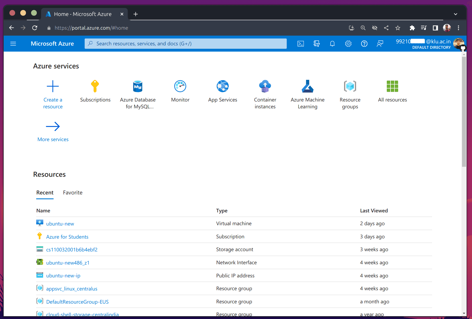 Azure for Students Page